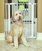 MidWest Homes for Pets 39 Inches Tall Walk-Though Steel Pet Gate, Pressure Mounted Dog Gate with Glow Strip Measures 29-38 Inches Wide & Includes Two 3-Inch-Wide Extensions, White