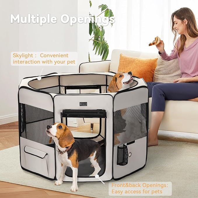 PETSFIT 45.5" Dog Playpen with Dual Zipper Doors –Sturdy Foldable Pet Playpen for Large & Medium Dogs with Removable Mesh Top and Leakproof Bottom