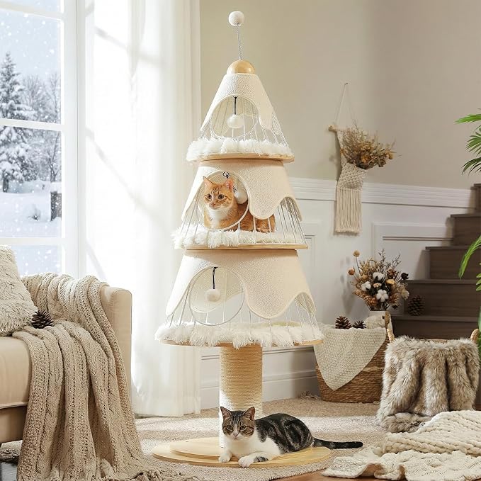Modern Cat Tree-51.2" Cat Christmas Tree w/Thick Scratch Post(φ5.4in), Wood Cat Tower w/ 3 Condos-Heavy Duty Furniture w/Metal Frame & Replaceable Mat for Indoor Kittens, White