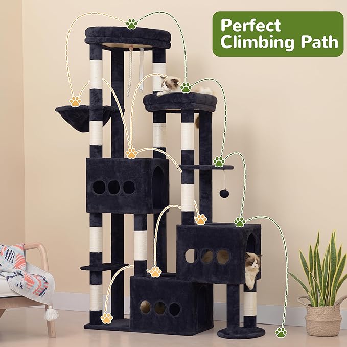 Cat Tree for Large Adult, 71.7'' Tall Cat Tower for Indoor Cats, Sturdy Heavy Duty Cat Tree Tower for 20 lbs+Cats, 3 Big Cat Condos, 10 Scratching Posts, 3 Platforms, Drak Gray GCT036G
