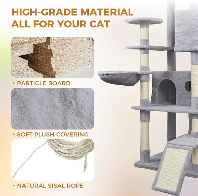 Light Gray 84in Heavy Duty Cat Tree, Cat Tree Tower for Indoor Cats Large Adult, Extra Cat Tower with 12 Sisal Scratching Post, Large Top Platform, Hammock, Cat Condo for Kittens