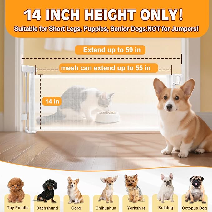 2 Packs Retractable Short Dog Gate - Small Puppy Mesh Safety Pet Gates Doggy Door for Doorways Stairs Kitchen Hallways Indoor, 14" Tall, Extends up to 59" Wide, White