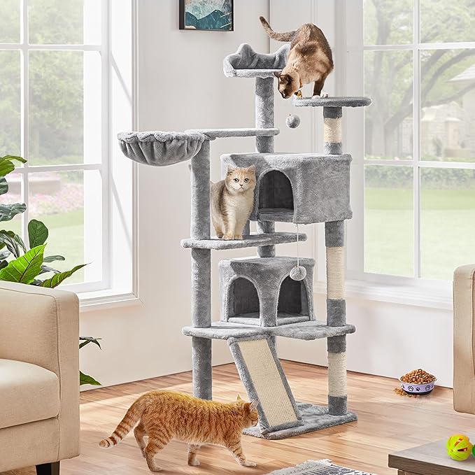Topeakmart Cat Tree, 57 inches Multi-Level Cat Tree Tower with Scratching Posts, Cat Condo and Basket Kitten Activity Center, Light Gray