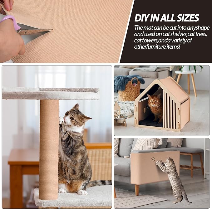 39.4"x15.8" Cat Scratch Mat,Trimmable Self-Adhesive Carpet, DIY Cat Climb Covered Pads for Furniture Couch or Wall Protector (Beige)