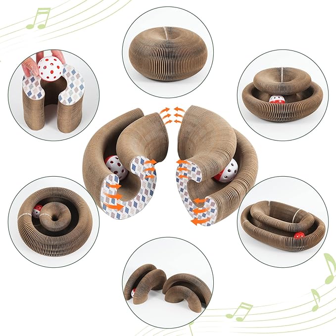 Organlada Cat Scratcher Cardboard with Bell-Ball, Foldable Slinky Cat Scratch Pad, A Magic Organ Cat Butler Toy for Cat Scratching, 1pcs