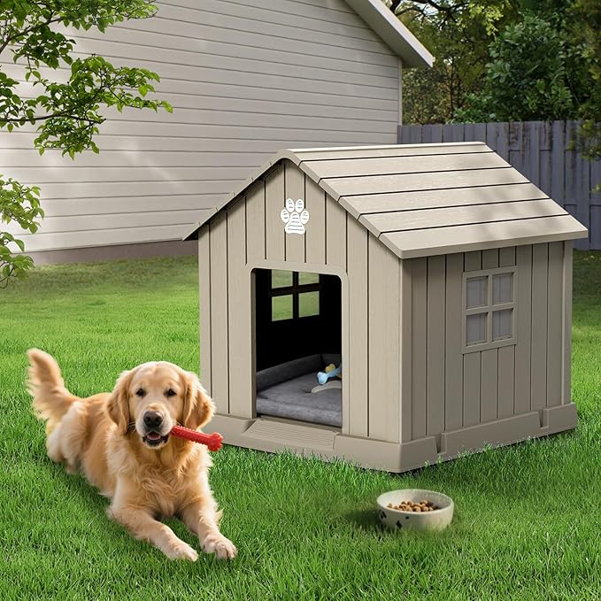 Dog House Indoor Outdoor for Small to Large Sized Dogs Resin Outdoor Dog House with Ventilation Puppy Shelter with Elevated Floor, Easy to Assemble, Blue