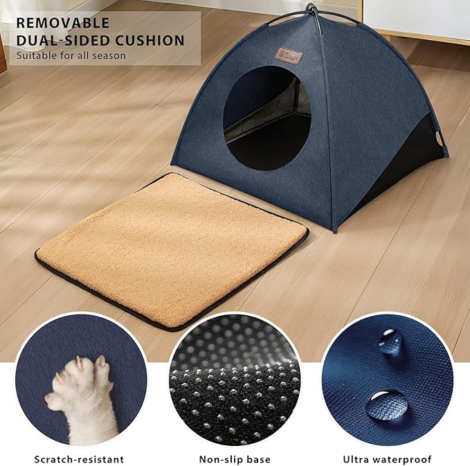 Pop-up Cat Tent Indoor Outdoor, Waterproof Cat House with Removable Cushion for All Seasons, Portable Pyramid Cat Cave Bed for Cats & Small Dogs, No Assembly Folding Pet Tent,18.9x18.9x15.4, Blue