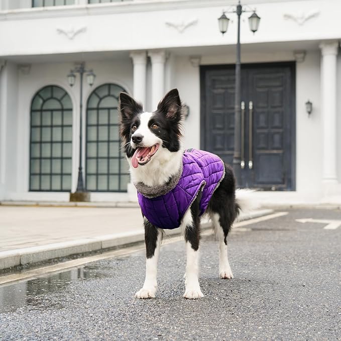 Warm Fleece Dog Coats with Durable Harness Buitl in D-Ring,Waterproof Doggie Jacket for Medium Dogs,Dog Vest for Cold Winter,Purple L