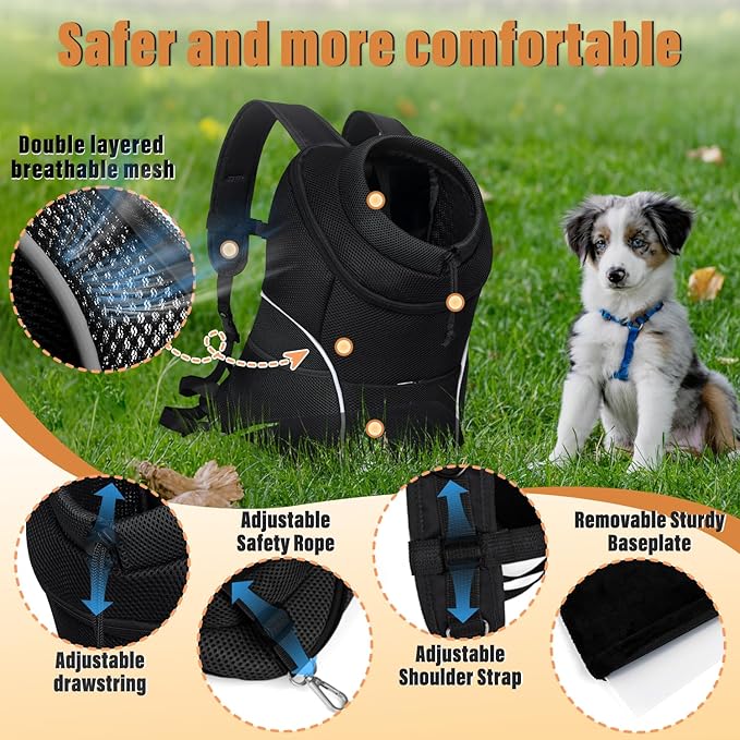 YUDODO 9-14lbs Dog Front Carrier Backpack, Adjustable Breathable Pet Carrier for Small Dogs, Ventilated Puppy Back Pack with Safety Belt, Lightweight Doggy Backpack for Hiking Outdoor(Jet Black, L)