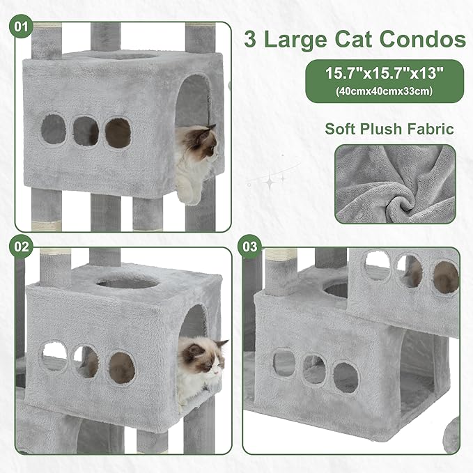 Cat Tree for Large Adult, 71.7'' Tall Cat Tower for Indoor Cats, Sturdy Heavy Duty Cat Tree Tower for 20 lbs+Cats, 3 Big Cat Condos, 10 Scratching Posts, 3 Platforms, Light Gray GCT036W
