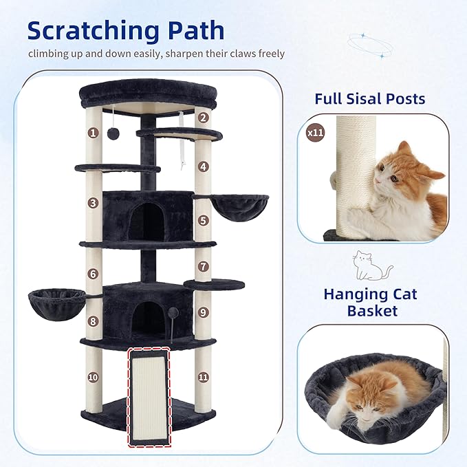 Corner Cat Tree for Indoor Cats, Cat Tower with All Sisal Scratching Posts, Multi-Level Cat Condo wth 2 Large Cat Caves, Big Top Perch, 2 Hanging Baskets, Sisal Ramp, Drak Gray GCT035G