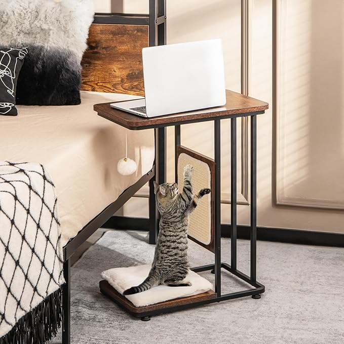 Tangkula Cat Tree and End Table, 4-in-1 Cat Coffee Table, C-Shaped Cat Small Side Table with Sisal Scratching Mat, Removable Washable Cushion, Modern Cat Furniture for Living Room, Bedroom