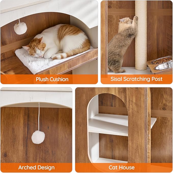 HOOBRO Cat Tree with Litter Box Enclosure, 58.7"H Hidden Cat Litter Enclosure Furniture, All-in-One Modern Cat Tree with Food Bowl, Sisal Scratching Post, and Dangling Ball, White and Walnut WH82MZ03