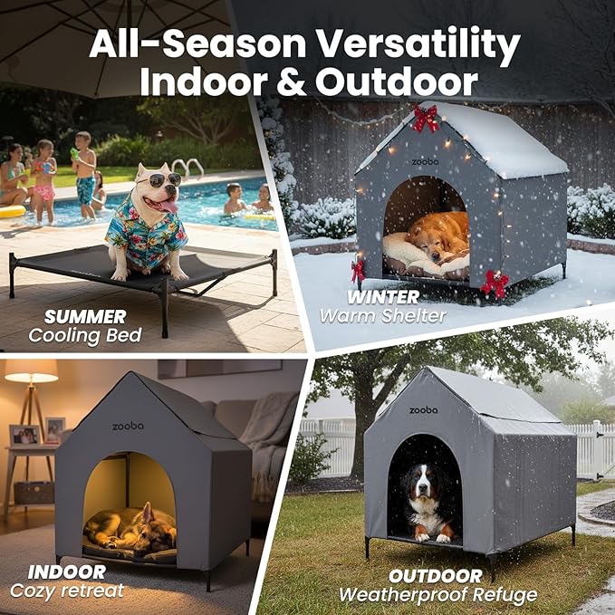48" XL Outdoor Dog House – Weatherproof Elevated Pet Shelter, Breathable Mesh & Steel Frame, Easy to Assemble & Clean, Large Dog Houses for All Seasons (Grey)