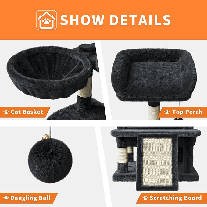 68.5 in Multi-Level Cat Tree for Indoor Cats Large Adult Heavy Duty Cat Tower for Large Cats with 2 Condos/Plush Perches/Sisal Scratching Posts/Hammocks/Basket/Dangling Balls, #2604 Dark-Grey