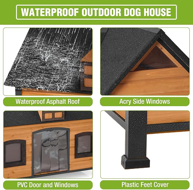 GUTINNEEN Dog House Outdoor with Metal Frame, Wooden Dog Shelter with Weatherproof Roof, Dog Kennel for Small to Large Dogs Indoor