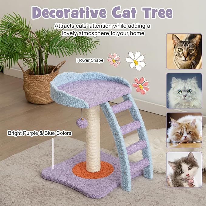 PETSITE Small Cute Cat Tree, 19 Inches Modern Cat Tower for Indoor Cats with Top Perch, Scratching Post, Ladder, Blue Purple