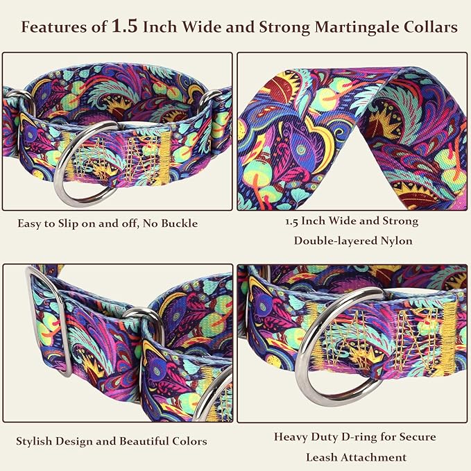 1.5 Inch Wide Martingale Dog Collar - Adjustable No Pull Choke Cinch Escape Proof Training Collar for for Pitbulls, German Shepherds（Tribal XL