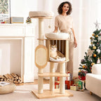 Modern Solid Wood Cat Tree for Indoor Cats Large Adult, 50in Tall Cat Tower with Sisal Scratching Posts, Cat Scratcher Cardboard, Cozy Cat Beds Cave Condo, Multi-Level Cat Furniture