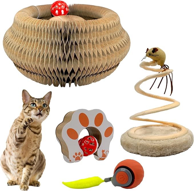 Kitty Kurlz Cat Toy - Interactive Cat Scratcher Set with Flexible Cardboard Accordion, Plush Mouse & Magic Organ Toy - 3-Pack Entertainment Bundle for Indoor Cats