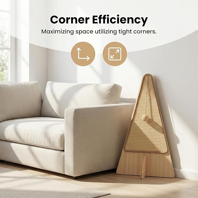 26" Triangle Corner Cat Scratcher, Solid Wood Leaning Wall Scratching Board, Baseboard Friendly, Replaceable Sisal Pads for Indoor Cats and Small Spaces, 2 Replacement Pads Included