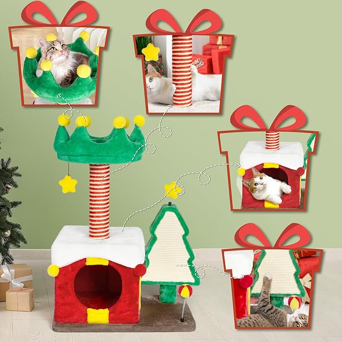 NUNU LAB Christmas Cat Tree, Multi-Level Cat Tower, Modern Cute Cats Tree, with Cat Condos, Sisal Ramp Scratching Posts, Cozy Basket, for Indoor Use (KM056)