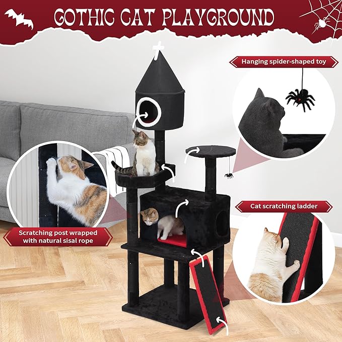 64" Gothic Cat Tree with Coffin Bed, Multi-Level Tall Black Cat Tower Cats with Top Perch, Spacious Condos, Spider Hanging Balls, Scratching Post and Ladder for Large Cats 22 lbs, Black & Red