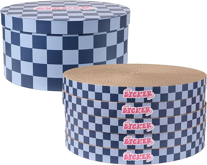 CSR1012H Kate 12 Inch Cardboard Cat Scratcher Pads with Box & Catnip, Reversible Heavy-Duty Scratch Boards for Cats, Furniture Protection, Modern Checker Pattern, Navy/Blue, 5-Pack