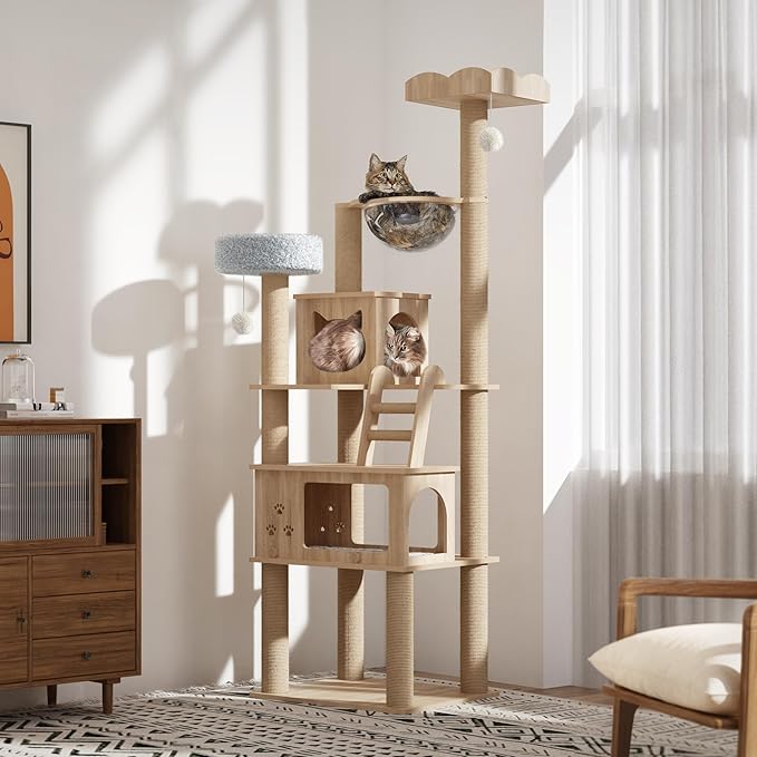 Wood Cat Tree for Indoor Cats, 72" Tall Cat Tower for Large Cat with Scratching Post Condos Perches and Capsule Nest Modern (Beige)