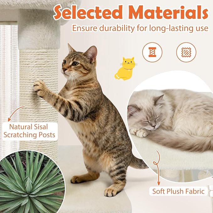 Tangkula 58 Inch Cat Tree Tower, Multi-Level Cat Tower with Sisal Scratching Posts, Padded Top Perch, Condo & Hammock, 3 Hanging Balls, Jumping Platforms for Indoor Cats (Beige)