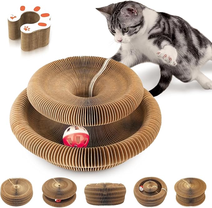 Collapsible Cats Cardboard Scratcher, Interactive Cat Toys for Indoor Cats, Scratch Pad Shape Shifting Ball Track with Bell, Magic Organ Cat Toy for Chase & Scratch Paw Easter Toys for Kitties Paw