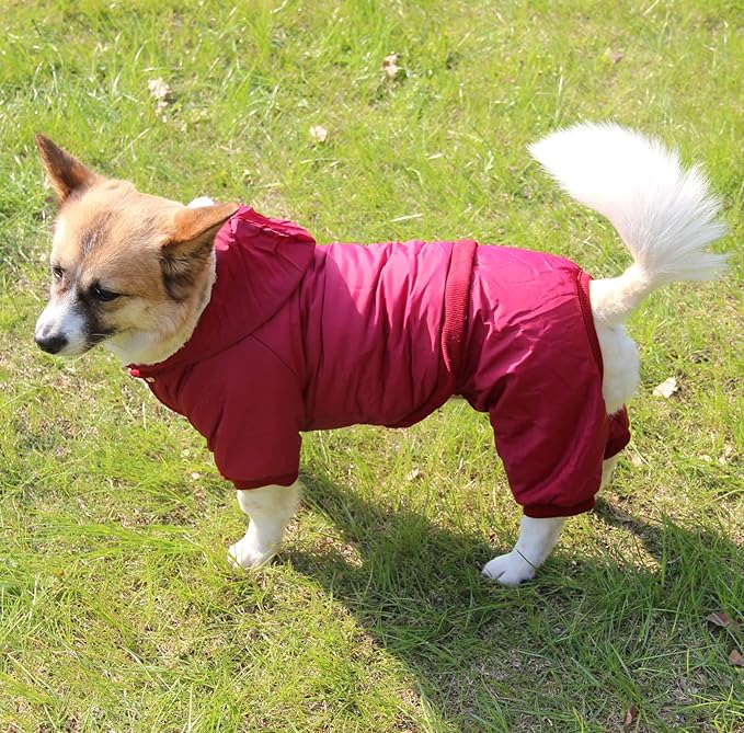 Fleece Lined Dog Coat with Detachable Hood and Detachable Hind Legs,Warm Puppy Jacket in Winter(Red L)
