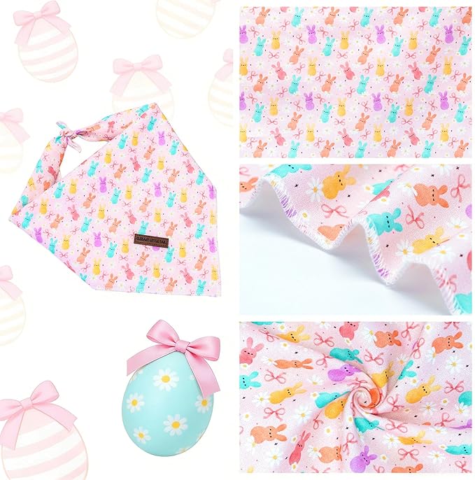 Elegant little tail Easter Dog Bandana, Bunny with Flower 1PC Washable Dog Scarf Female or Male Square Bib Kerchief Scarf Adjustable Pet Bandana for Medium Large Dogs