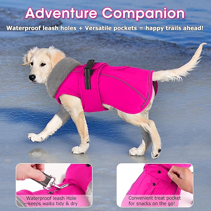 Dogcheer Dog Coat with Pocket, Waterproof Dog Jacket with Adjustable Buckle, Reflective Puppy Winter Coat Warm Turtleneck Fleece SnowJacket for Small Medium Large Dogs - Pink M