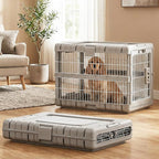 Collapsible Dog Crate for Dogs - 28" L Heavy Duty Dog Kennel No Tools Required with 4 Sides Steel Foldable Cage for Dogs Indoor Furniture, Portable Carrier with 2 Smooth Wheels, Beige