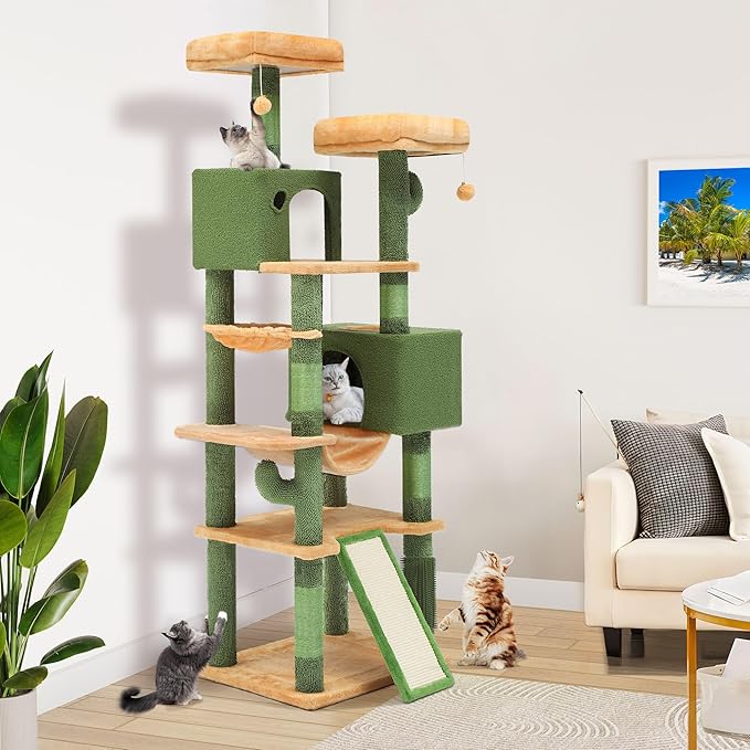 YITAHOME 76in Tall Cactus Cat Tree Tower with Self-Grooming Brush, Cute Cat Climbing Tower for Indoor Cats with Cat Condo, Plush Platform, Hammock, Sisal Scratching Posts, Dangling Ball