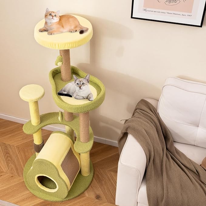 PETSITE 49-inch Avocado-Themed Cat Tree, Multi-Level Modern Cat Tower with Jute Scratching Posts, Cat Condo, Self Groomer Brush, and Dangling Toys, Cute Cat Tree Tower for Indoor Cats