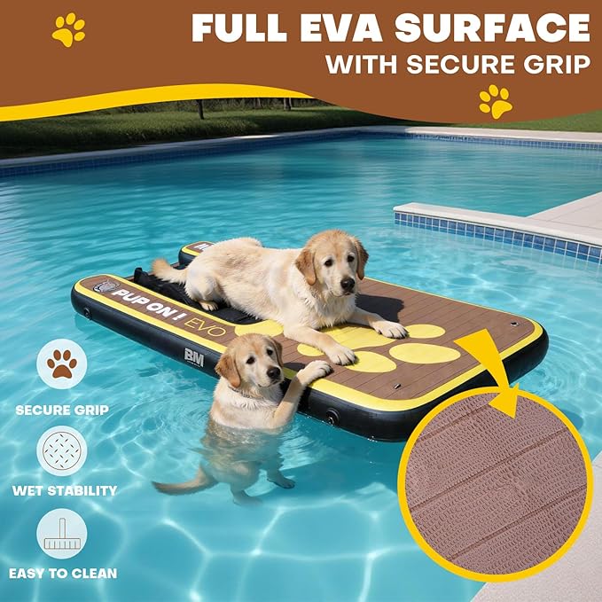 Beyond Marina Dog Pool Ramp - Inflatable Dog Water & Boat Ramp for Lake, Floating Pontoon Dock Ladder with Non-Slip EVA, PUP ON Full EVA, Extra Large 59" x 47" x 6", Teak/Yellow, Supports 230 lbs
