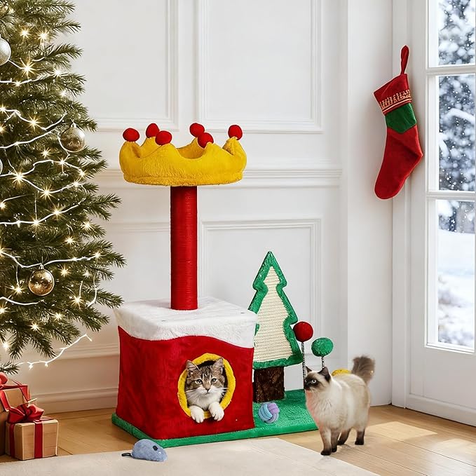 Christmas Decorations, Christmas Cat Tree with Crown Perch, 29.5in Festive Cat Tower with Sisal Scratching Ramp & Hanging Toys, Small Holiday Cat Condo for Indoor Cats, Christmas Decor for Pet