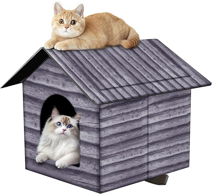 Outdoor Cat House Cat House for Outdoor and Indoor Use - Waterproof Shelter for Cats, Dogs, and Feral Animals (Grey Wood Color, Large)