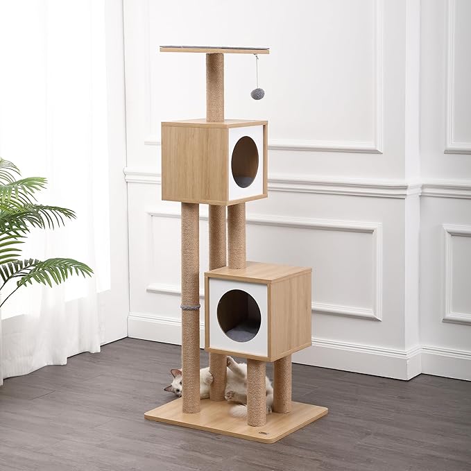 CTR1011A Sawyer 56" 3-Tier Minimalist Jute Cat Tree Condo with Scratching Posts, and Fuzzy Toy, Brown/White