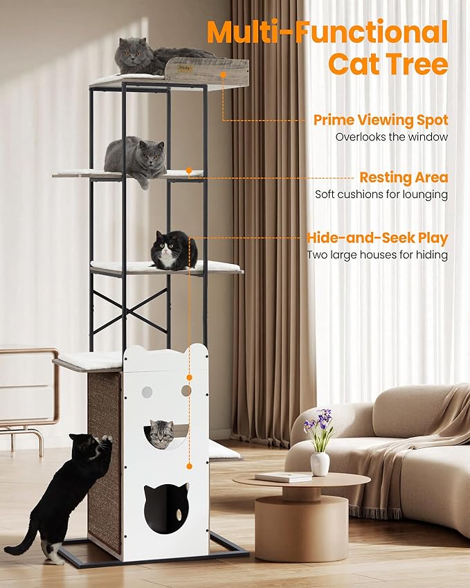 Wood Cat Tree Tower, 84 Inch Modern Extra Tall Cat Condo Trees for Indoor Cats Large Adult, XL Multi-Level Heavy Duty Wooden Sturdy Cat House Furniture with Platform Perch Bed Scratching Post