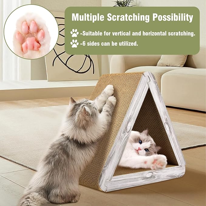Foldable Triangle Cat Scratcher - 6 Usable Sides Cat Scratcher for Indoor Cats - Vertical Cat Board Pads