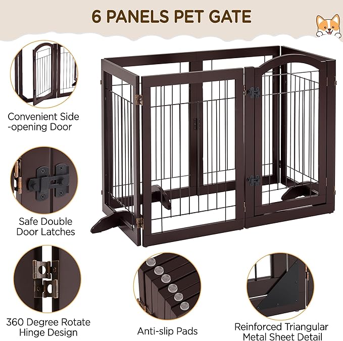 Yaheetech 32-inch Tall Dog Gate with Door Extra Wide Pet Gate for Dogs, Foldable Wire & Wooden Puppy Safety Fence w/3 Support Feet,Freestanding Dog Gate for the House,Doorway,Stairs(Espresso,6 Panels)