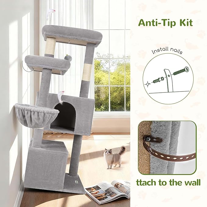 Globlazer Cat Tree Tower with Scratching Post for Indoor Cats, 55inch Tall Plush Multi-Level Cat Climbing Tower Condo House with Hanging Basket, 2 Spacious Cat Cave, F55, Beige (Light Gray)