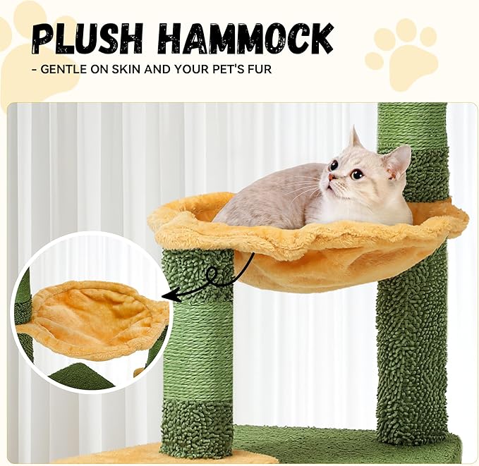DWVO Cactus Cat Tree: 37" Tall with Self-Grooming Brush, Cute Kitten Climbing Tower for Indoor Kittens with Cat Condo, Plush Platform, Hammock, Sisal Scratching Posts, Dangling Ball