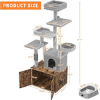 Cat Tree with Litter Box Enclosure Large,Tall Multilevel Cat Play House with Modern Cat Condo,Spacious Hammock, Cozy Top Perch,Sisal Posts and Dangling Balls,Wooden Cat Furniture for Indoor Cats Brown