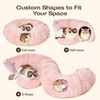 Meowfia Indoor Cat Tunnel with Donut Bed - Large Flexible Play Space for Multiple Pets - Circle or Snake Shape, Cozy Lounge (Pink)
