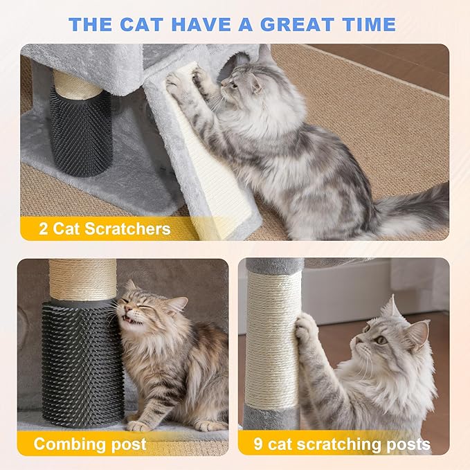 Hey-brother Cat Tree Tower, 71.5 Inches Scratching Posts with Extra Large Platform, 2 Cozy Condos, 2 Hammocks and Scratch Boards, Multi-Level House for Multiple Indoor Cats, Smoky Gray MPJ085W
