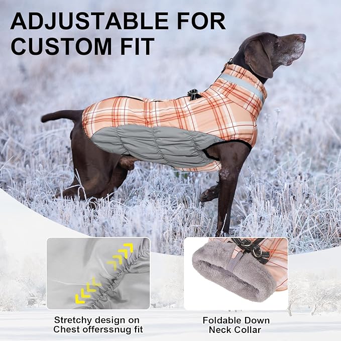 BEAUTYZOO Dog Winter Coat with Harness Built in, Reflective Plaid Puffer Vest Waterproof for Medium Dogs, Fleece Warm Puppy Zipped Jacket with D Ring, Pet Cold Weather Sweater Clothes, Brown M